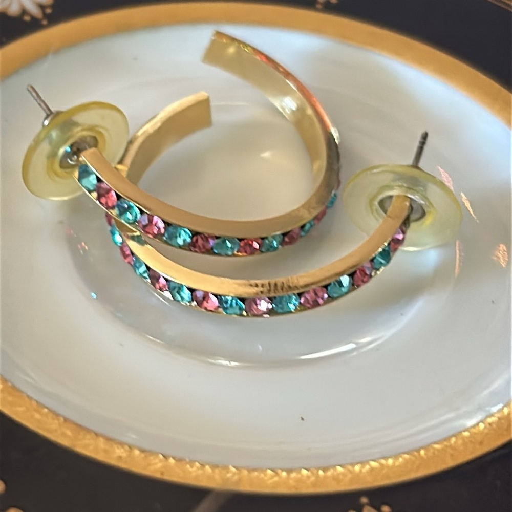 Vintage Gold-Tone Pink & Blue Pavé Crystal Hoop Earrings
